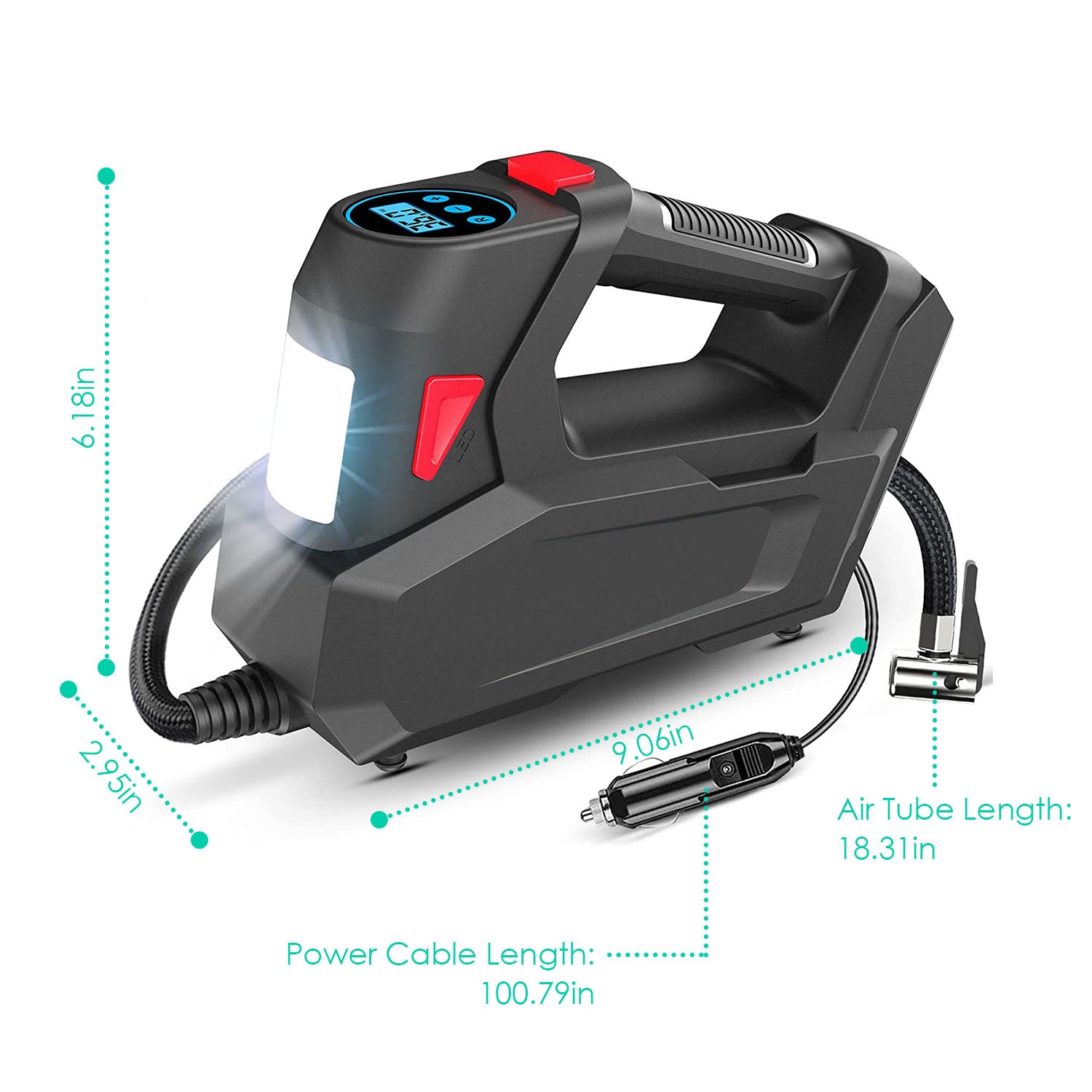 1Pc Portable Tire Inflator 120 PSI Maximum 90W Powered Tire Inflator With Digital Display LED Light Inflatable Nozzle Needle Fuse Air Compressor For Bikes Motorbikes Car Balls - 5 - cjdropshipping