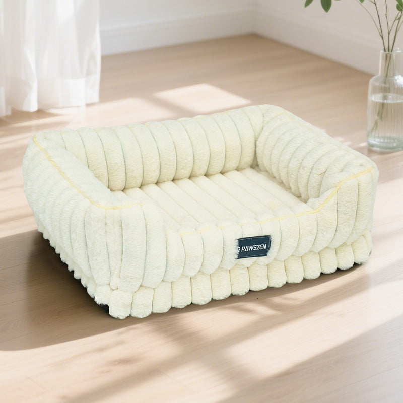 Striped Rabbit Fur Pet Bed Large Square Kennel - 0 - CJ