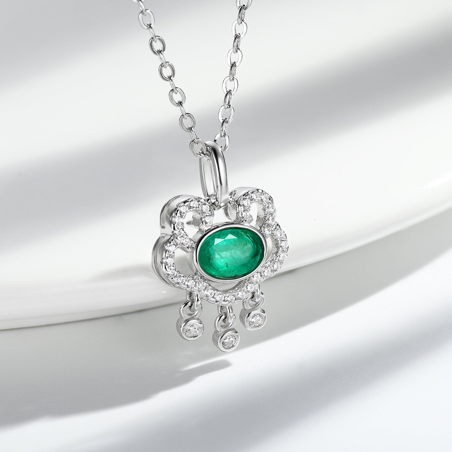 Natural Emerald Necklace Women's 925 Silver Full Set Delicate Light Luxury Pendant Auspicious Cloud Safety Lock Pendant Jewelry - 4 - CJ