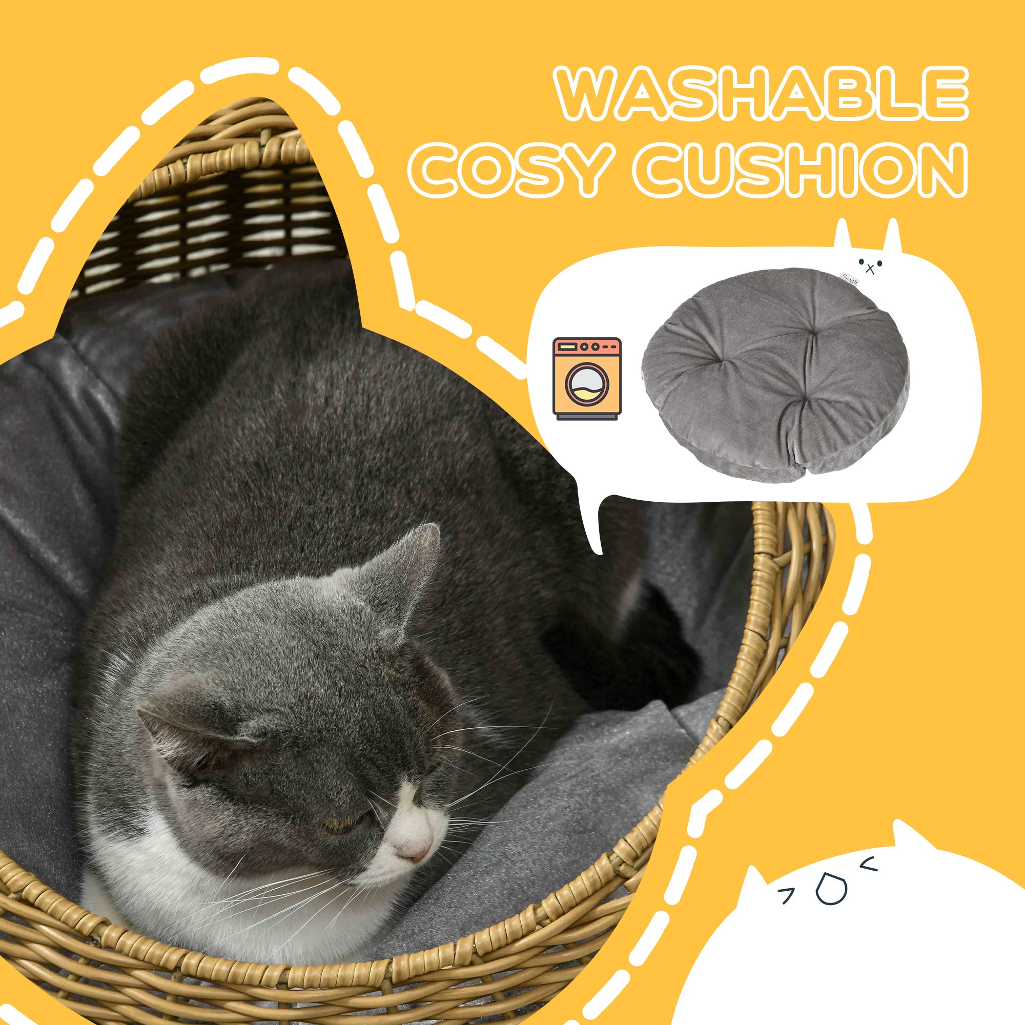 Rattan Cat Bed with Washable Cushion for Cats, Puppies, Light Brown - 5 - CJ