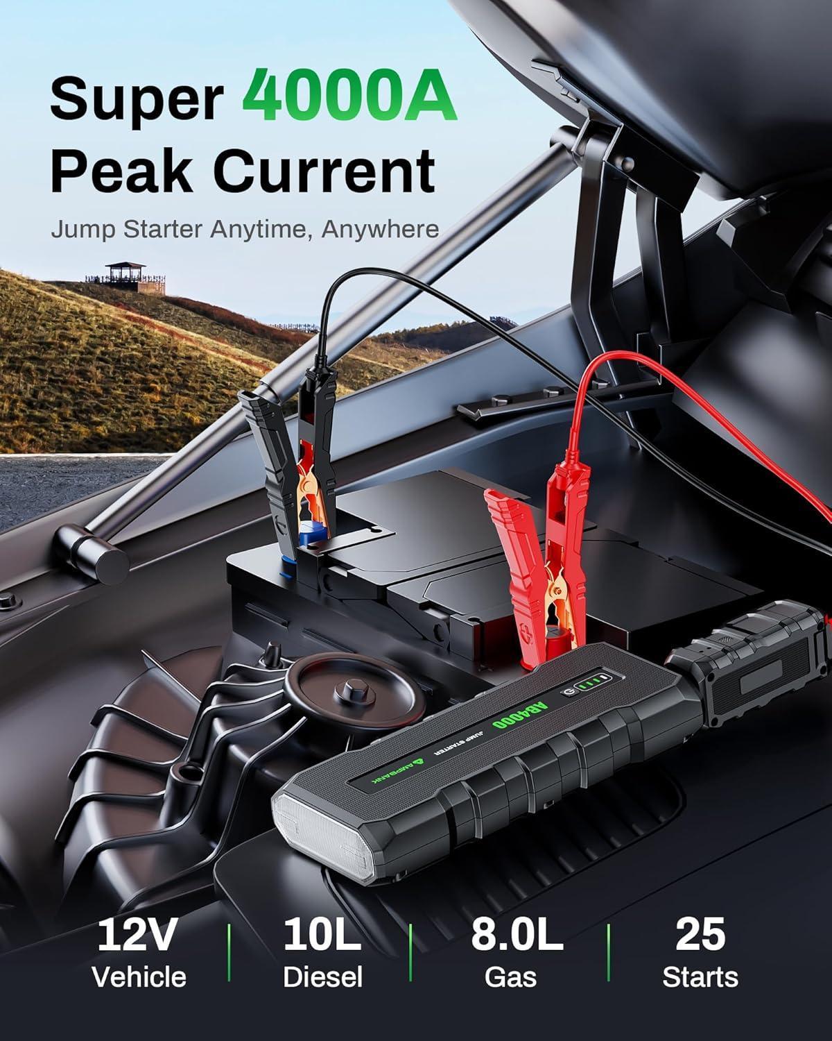 4000A Emergency Starting Power Supply 12V Portable Car Battery Jump Starter With 18W Fast Charge For 10L Gasoline And 8L Diesel Engines With LED Light Jump Starter Cable And EVA Storage Box - 5 - cjdropshipping