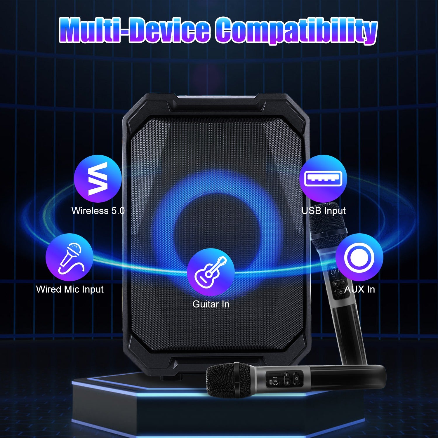 1Pc Portable Wireless Party Speaker With LED Light 2 Wireless Mics Remote Control TWS Music Accompany Mic. Priority Bass Echo Mic Treble Guitar In - 5 - CJ