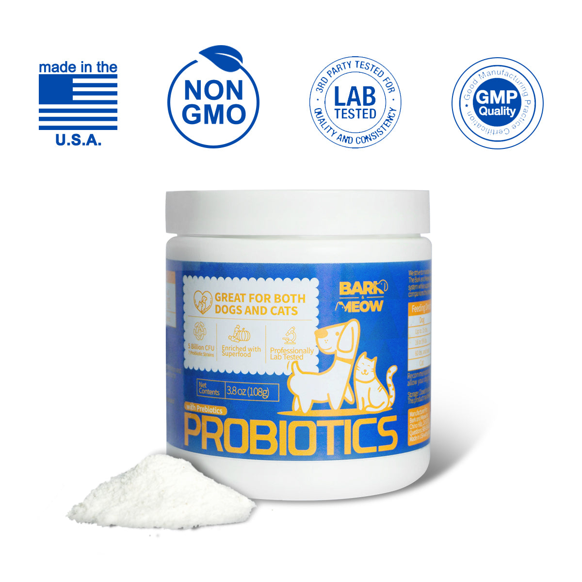 Bark And Meow Probiotics For Dogs & Cats 7 Tailored Strains Prebiotics, Pumpkin & Carrot 5 Billion CFU Scoop Human - Grade, Non - GMO, Vet - Approved, Made In USA, Gut & Immune Support - 5 - CJ
