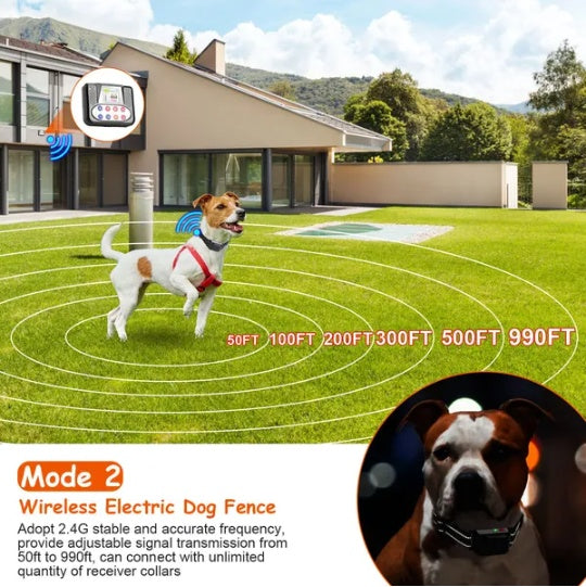 990FT Range Dog Wireless Fence Remote Training Collar IPX6 Waterproof Receiver With 0 - 9 Levels Beep Vibration Shock Mode 4 Channels Rechargeable Transmitter System - 5 - CJ