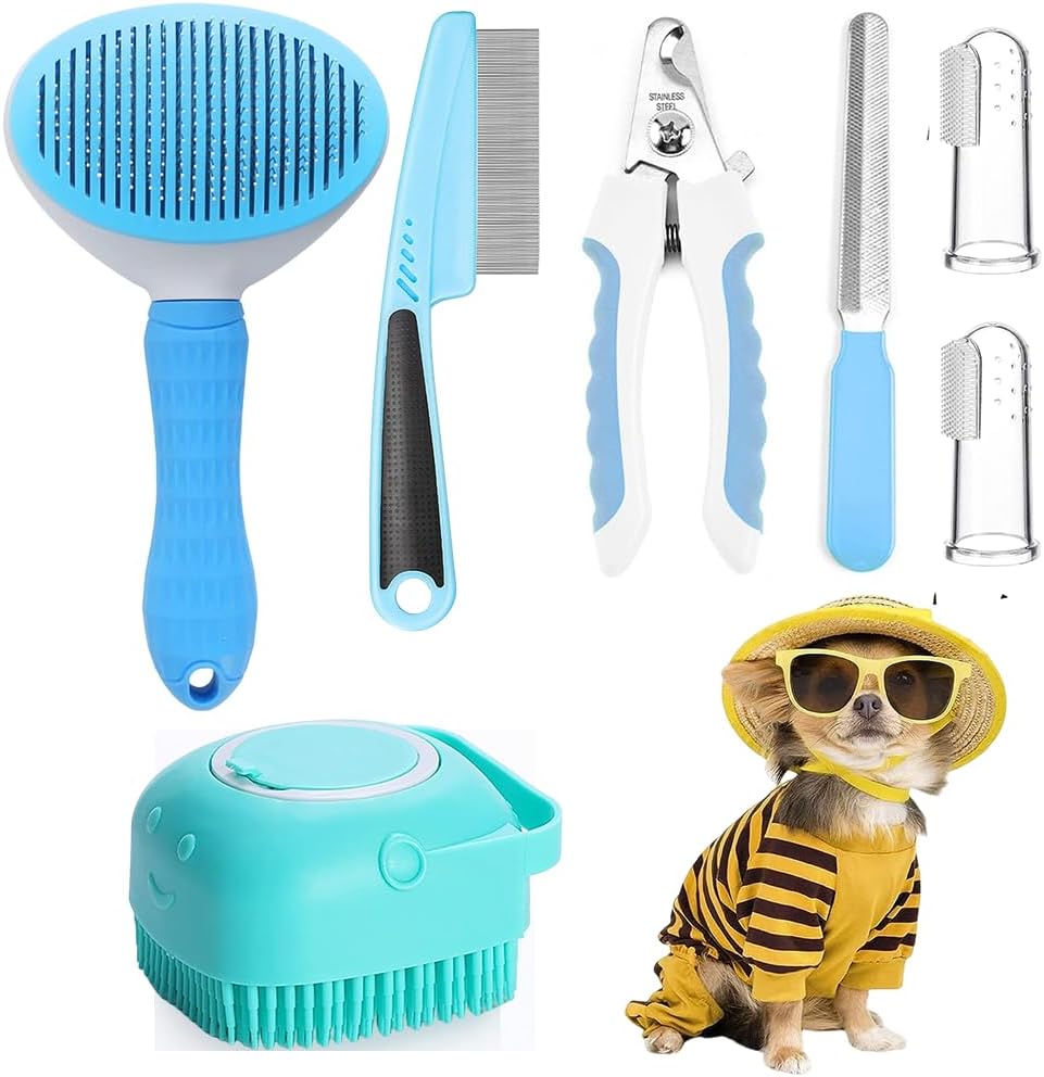 7pcs Pet Grooming Kit, Self - Cleaning Brush Shedding Kit With Nail Clipper, Flea Comb, Shampoo Bath Brush, Finger Toothbrush - 5 - CJ