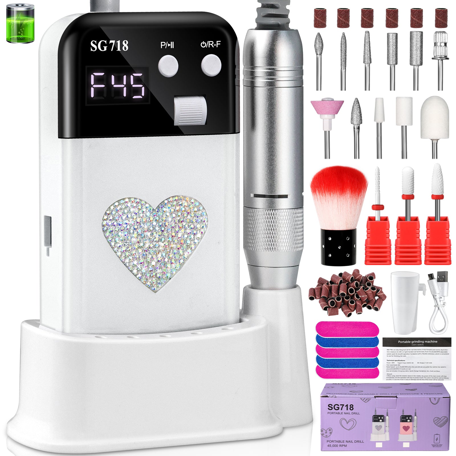 Rechargeable Nail Drill 45000 RPM - Electric Nail File For Shaping, Removing & Polishing Gel Nails - Lightweight & Easy To Use - Perfect For Home & Salon Manicure Pedicure - 5 - CJ