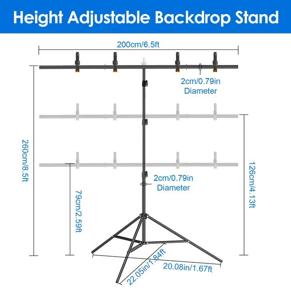 6.5x8.5FT T Shape Photo Video Backdrop Stand Heavy Duty Background Stand Adjustable Photography Backdrop Stand With 6 Spring Clamps Sandbag Carry Bag For Studio Party Wedding - 5 - CJ