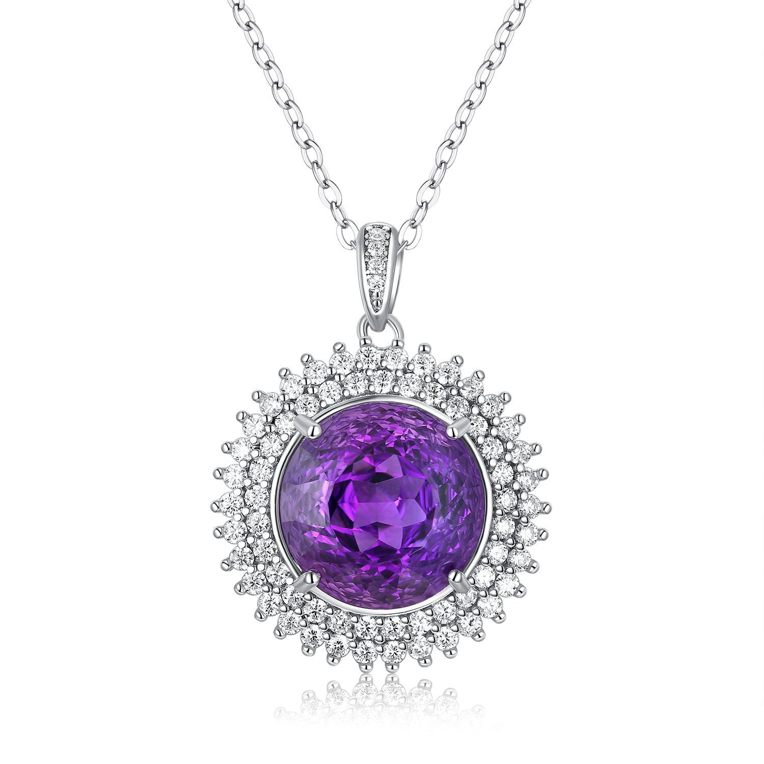 S925 Silver Set Round Bird's Nest Cut Natural Amethyst Necklace - 4 - CJ