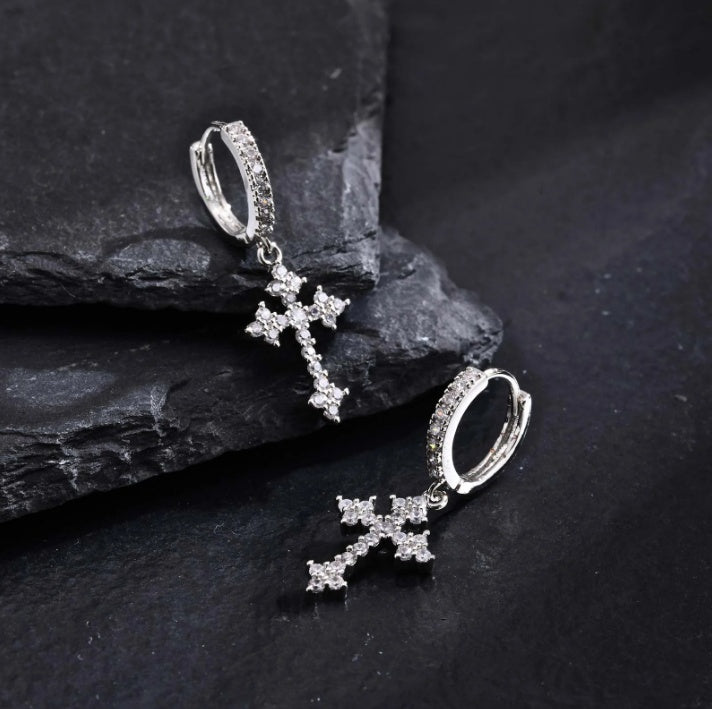 1 Pair Men's Sparkling Zircon Cross Dangle Huggie Hoops,Everyday Versatile Earrings - 5 - CJ