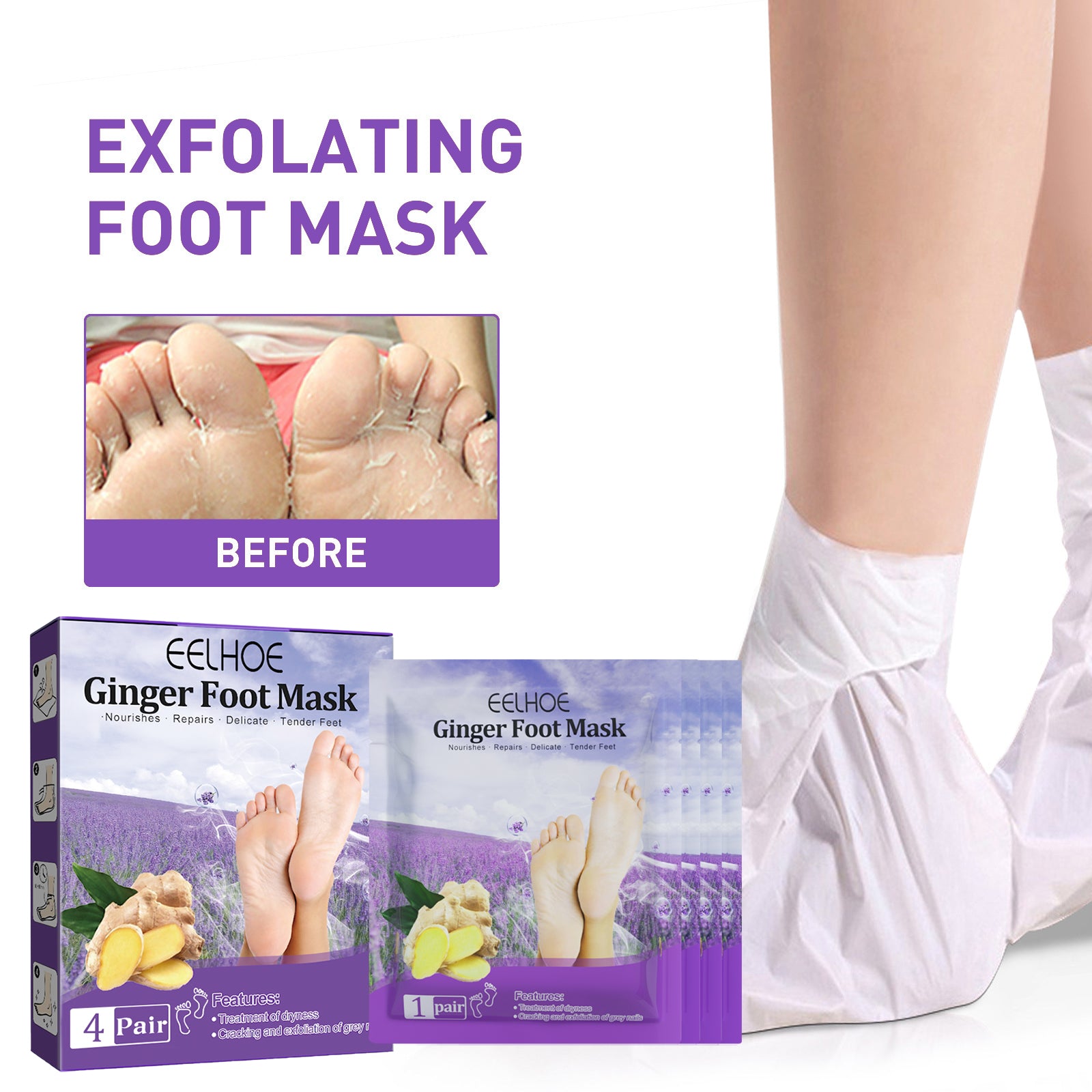 EELHOE Ginger Foot Mask (Bag) Foot Moisturizing, Nourishing, Rejuvenating, Exfoliating, Removing Dead Skin, Dry And Cracked Skin Care Foot Mask - 5 - CJ