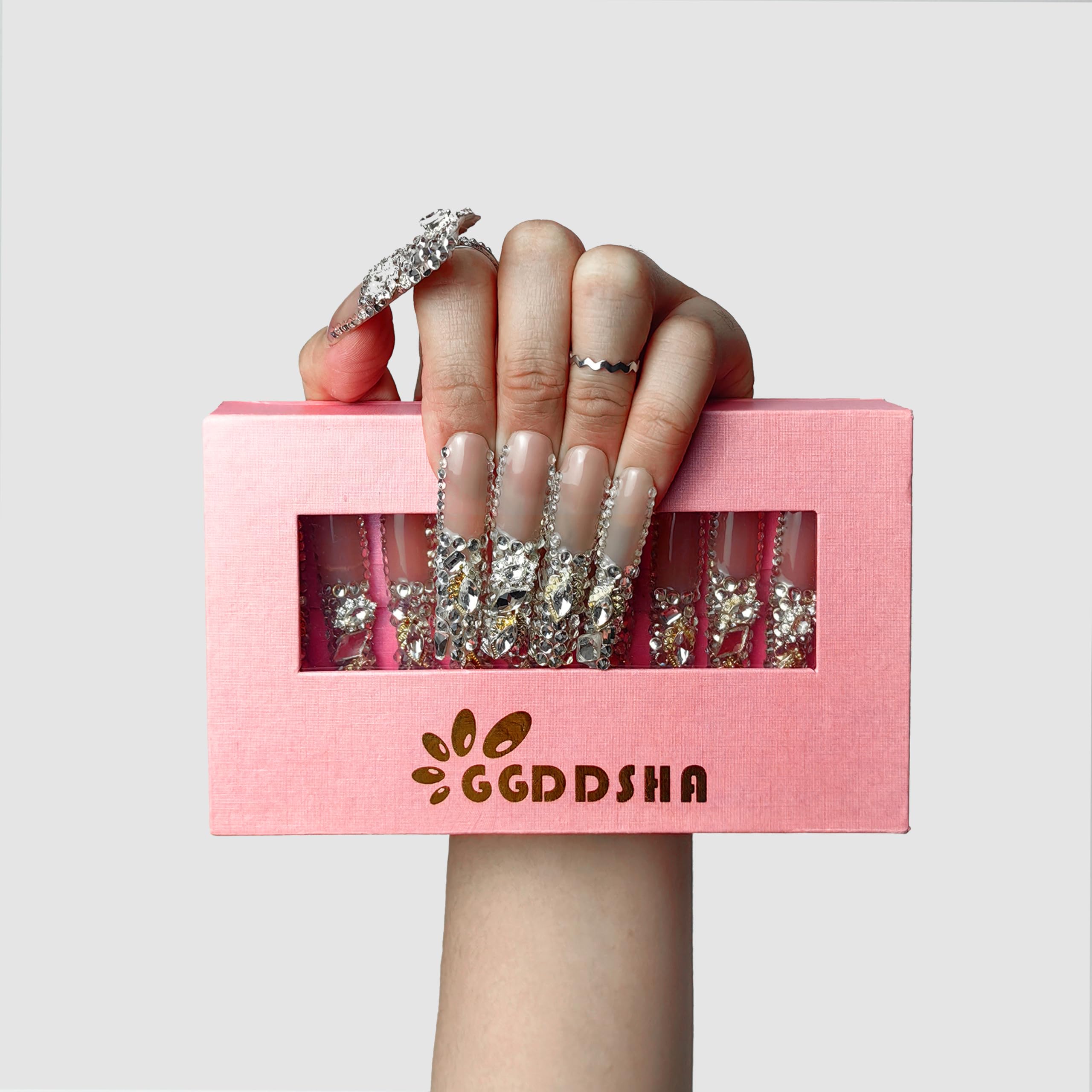 GGddsha New PMMA Acrylic Press On Nails StunningBling Nails, Rhinestone Fake Nails, Glitter Rhinestone NailsGradient Fake NailsCrystal Cascade - 5 - CJ