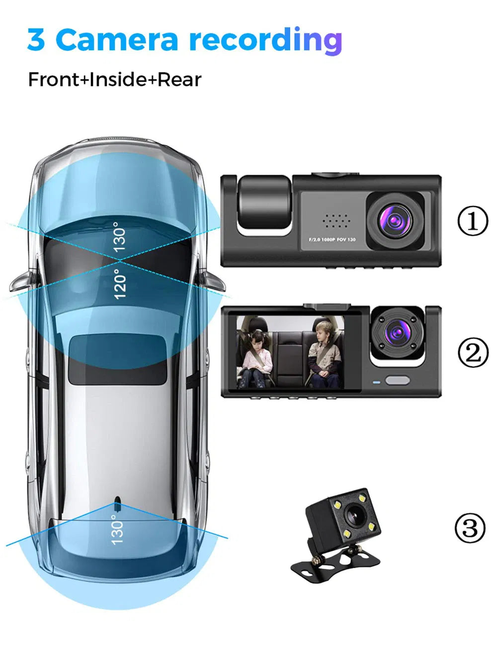 Car Dual Lens Dash Cam HD 1080P Front Rear Inside Video Recorder Camera G - Sensor - 5 - CJ