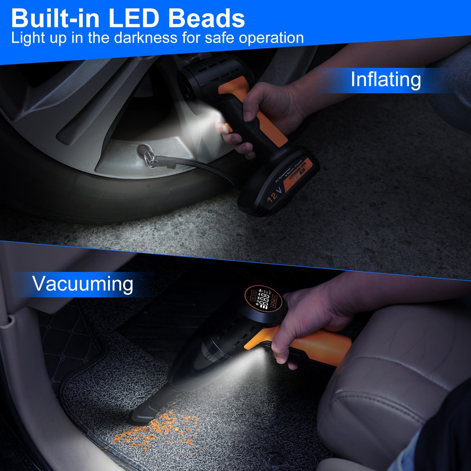 1Pc 4 In 1 Cordless Car Vacuum Cleaner And Tire Inflator With LED Light Digital Display Tire Pressure Gauge 150PSI Rechargeable Air Compressor Pump Essential Car Accessories - 5 - CJ