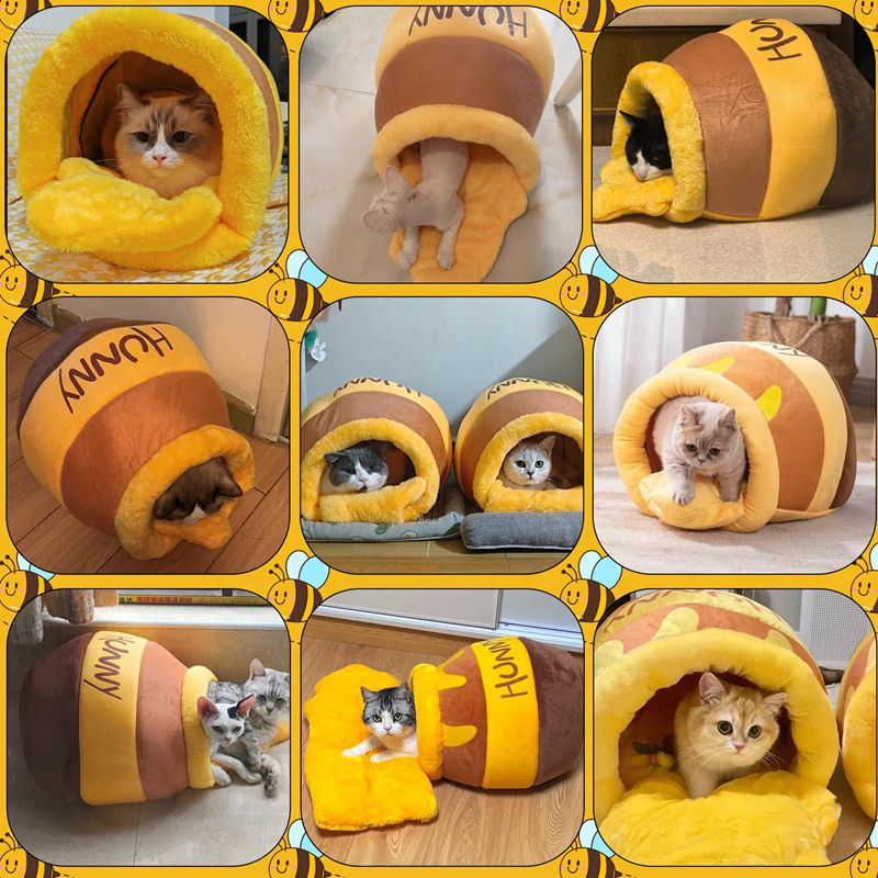 Honey Pot Cat Bed, Comfortable Memory Foam Cat Cave Bed, Honey Pot Pet Nest Pet Cave Bed, Kitten Cave Bed Sleeping House, Cute Cartoon Design Semi Closed Cat Cave Bed For Small Cats - 4 - CJ