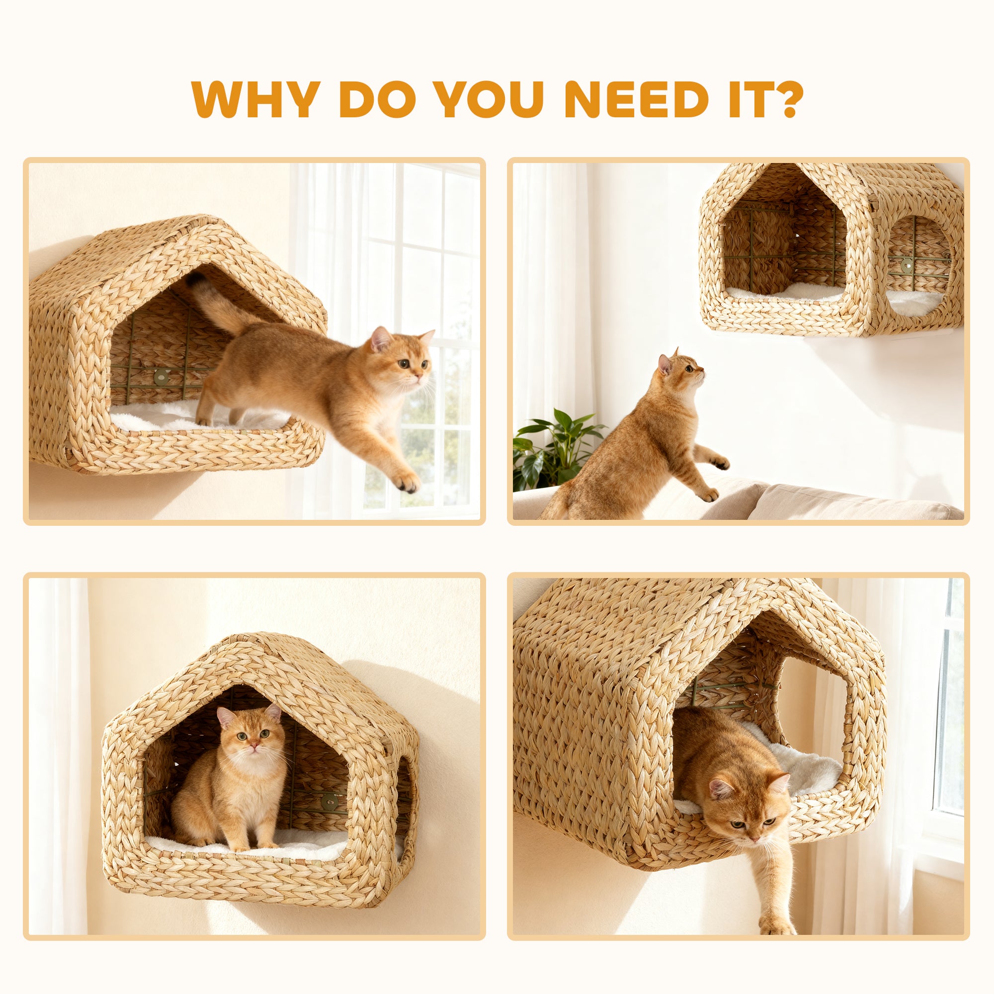 Wall Mounted Cat House, Cat Wall Furniture, Cat Wall Shelf with Washable Cushion, Natural - 5 - CJ