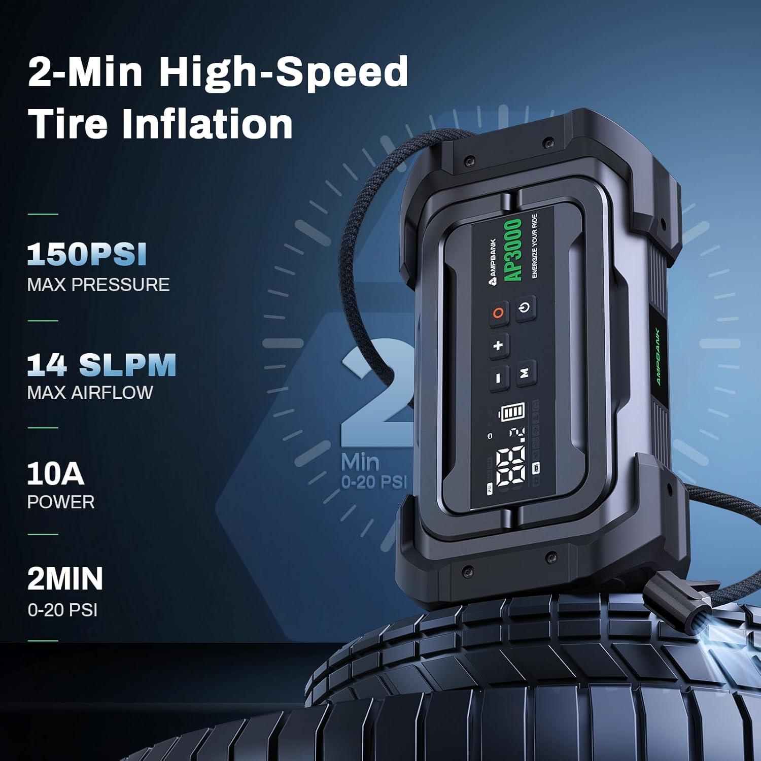 3000A Portable Car Emergency Starter Power Supply With Inflator Function 150PSI Digital Tire Inflator 12V Car Battery Charger With LED Lighting LCD Display - 5 - CJ