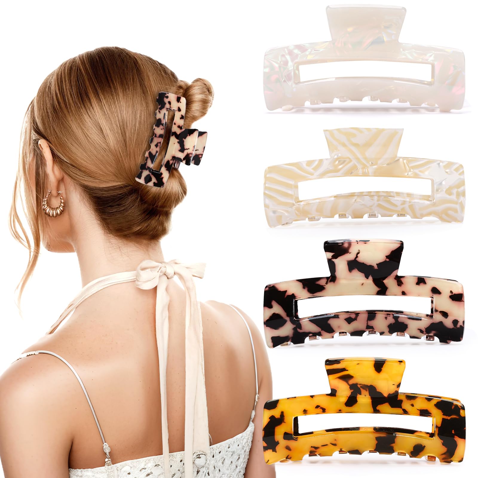 4Pcs Tortoise Hair Claw Clips, Acetate Hair Claw Clip Acrylic French Hair Banana Barrettes Jaw Clips, Stylish Hair Accessories For Women 3.15 Inch Fashion Strong Hold For Thick Thin Hair,442 - 9838 - G14 - 5 - CJ
