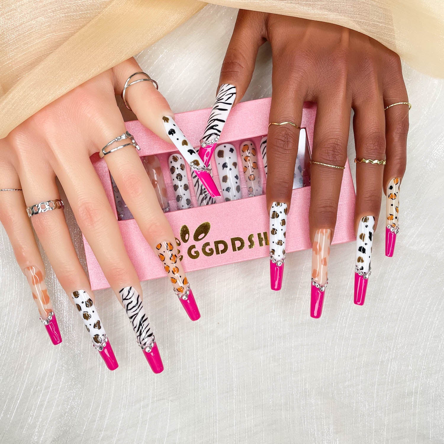 GGDDSHA Nails 10pcs Handmade Press On Nails - GlitterGold Diamond Extra Long Stiletto Reusable Gel UV FinishedFalse Nails, Designer Fashion 3D Hand - painted Nails ,Diamond Zebra - 5 - cjdropshipping