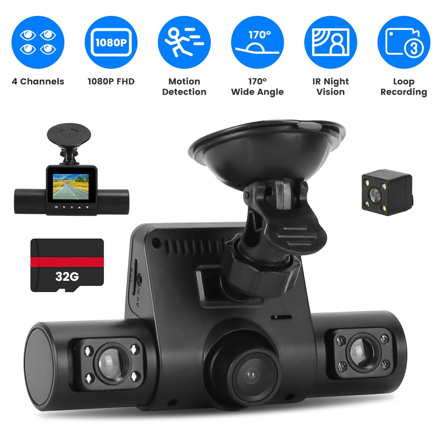 1Pc 360 Degree View FHD 4 Channel Dash Cam 1080P Front 480P Rear Left Right Inside Dash Camera With IR Night Vision Loop Recording Motion Detection Free 32GB MMC Card - 5.0 - CJ