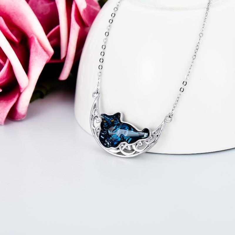 Cat and Celtic Moon Necklace with Blue Crystal in S925 Sterling Silver - 5 - cjdropshipping