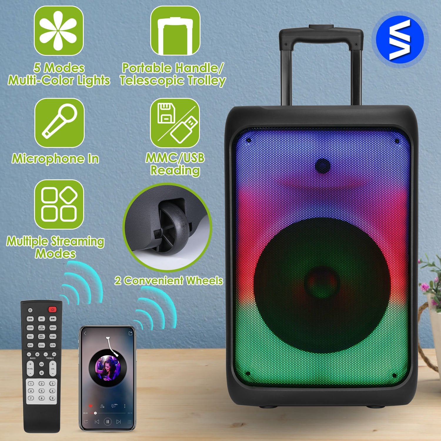 1Pc Portable Wireless Party Speaker Party Speaker With With 5 Colorful Lighting Modes TWS FM USB MMC Slot Aux In Recording Mic Priority Trolley Handle 2 Wheels Remote Control - 5 - CJ