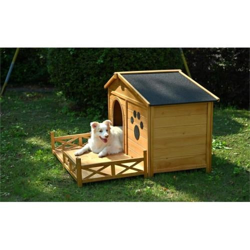 48 Wooden Dog House Outdoor With Porch, Dog Kennel With Water - Resistant Asphalt Roof And Fencing,Indoor & Outdoor Dog Crate With Paw Print, Medium, Nature - 5 - CJ