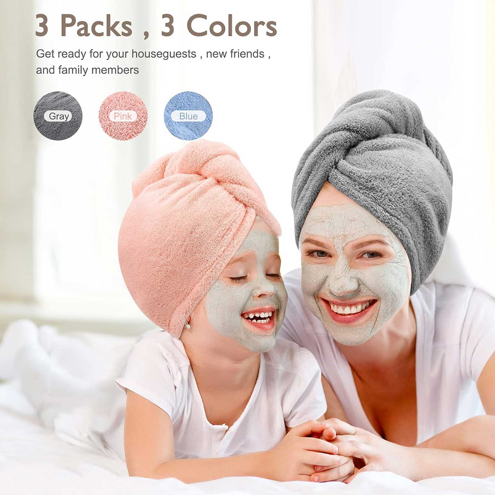 Women 3 PC Microfiber Hair Towel Wrap Ultra Absorbent Hair Turbans For Curly, Long & Thick Hair Blue,Grey,Pink - 5 - CJ