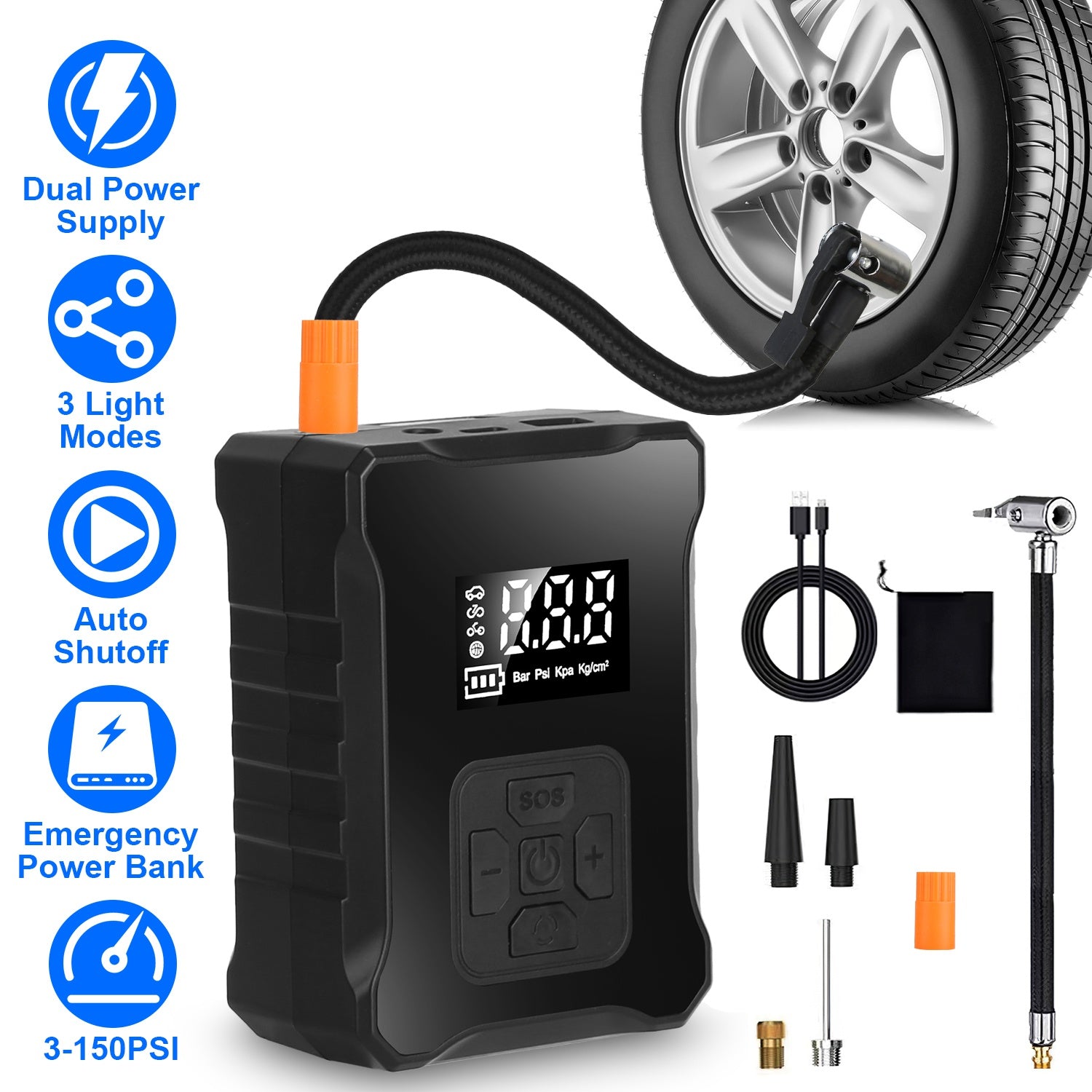 1Pc 150PSI Cordless Tire Inflator Digital Air Compressor With LED Light Emergency Power Bank For Cars Motorcycles Bicycles Balls - 5 - cjdropshipping