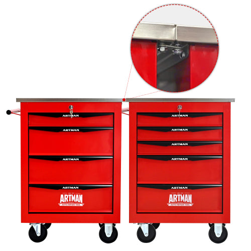 5 Drawers Multifunctional Tool Cart With Wheels,Metal Rolling Tool Cart Storage For Garage Workshop Warehouse Repair Shop - With Stainless Steel Roof - Red Black - 5 - CJ