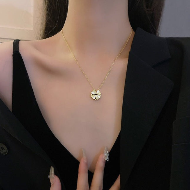 Luxury Four Leaf Clover Pendant Necklace Stainless Steel Crystal Heart Jewelry For Women Gift - 5 - CJ