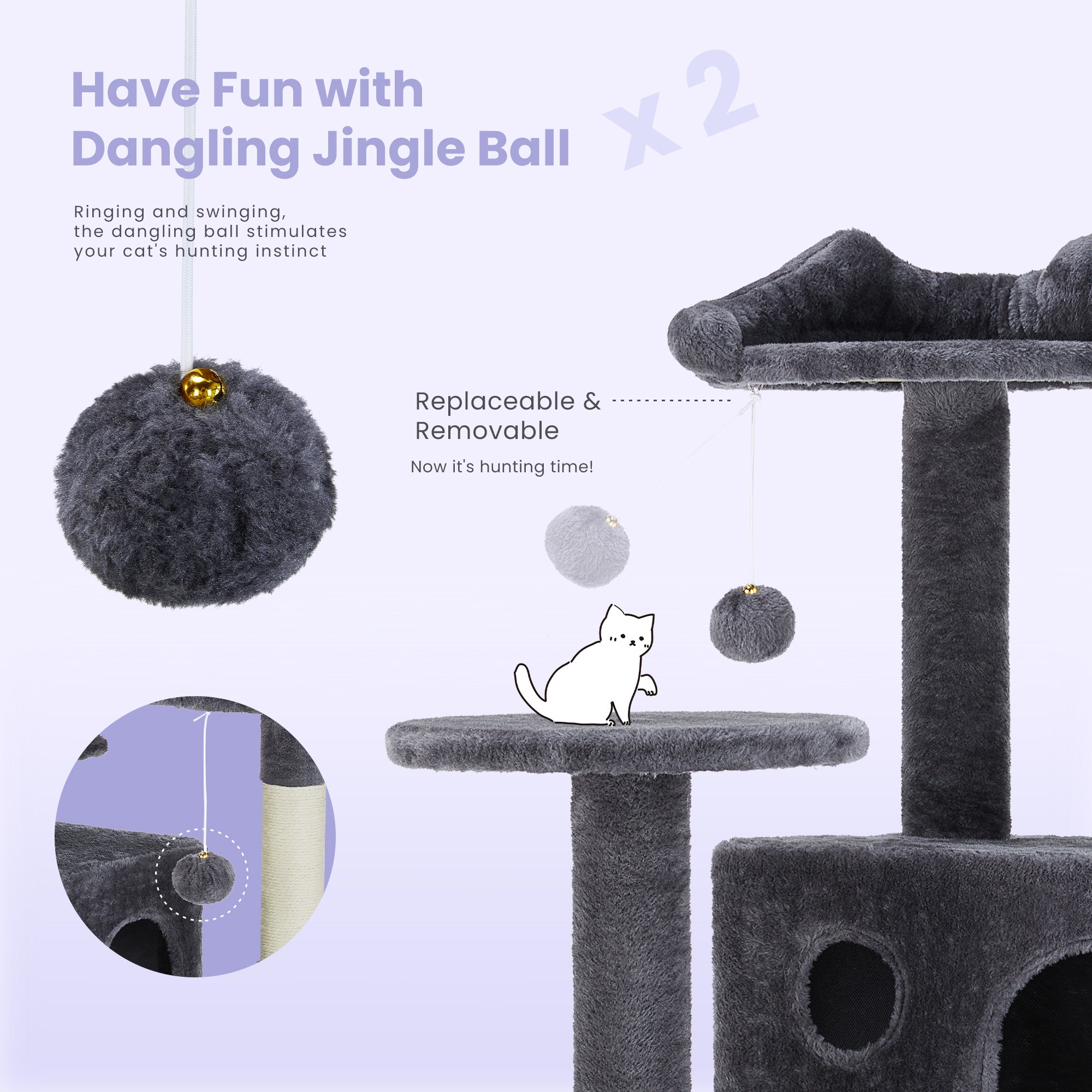 Large Cat Tree Tower, 62 - 70 - 80 Cat Tree Large Cats, Multi Level With Scratching Post, Cozy Cat Jumping Platform Space, Grey - 5 - CJ