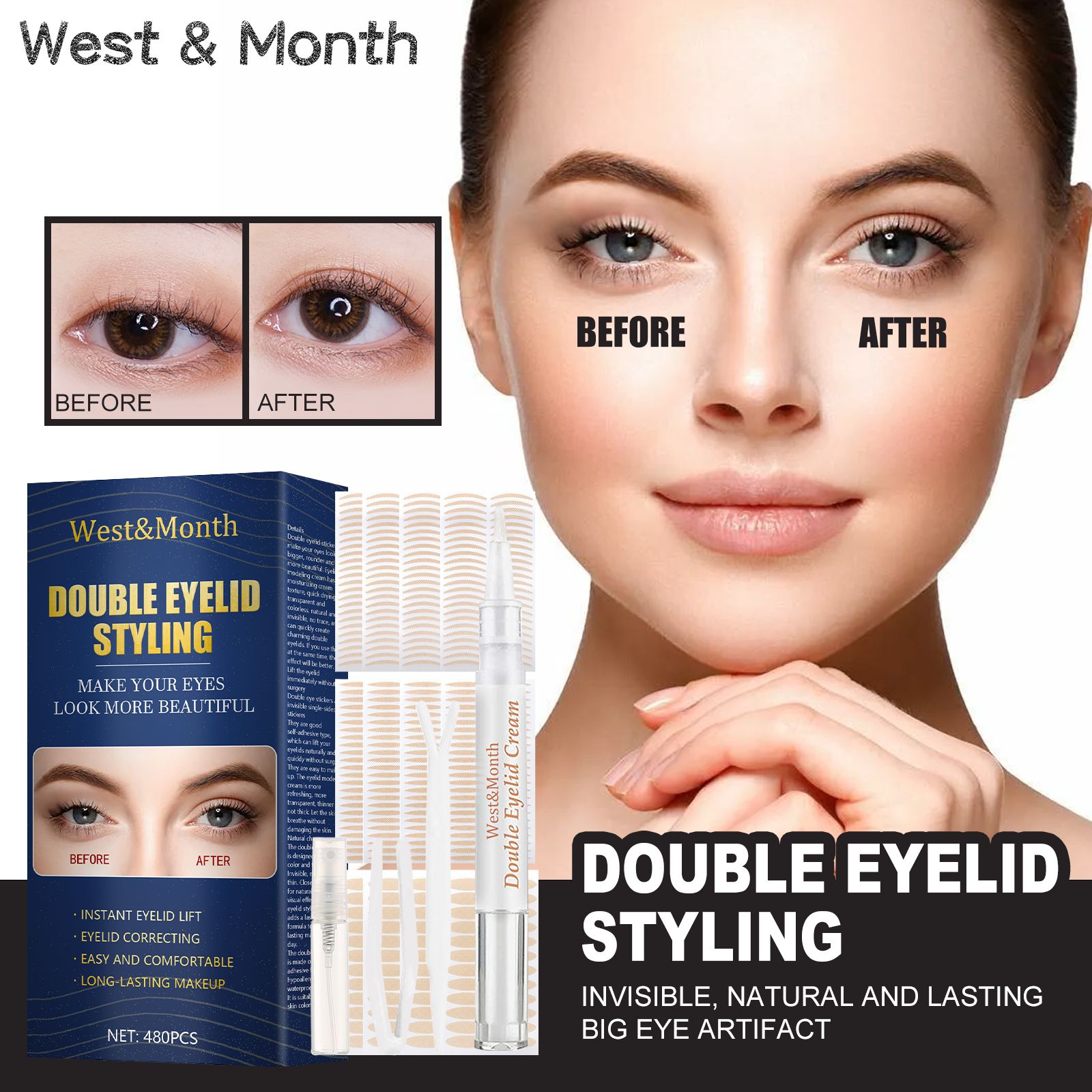 West&Month Double Eyelid Tape - Invisible, No - Glue, Natural Mesh Adhesive, Activates With Water, Beautiful Eyes, Olive Shaped Lace - 5 - CJ
