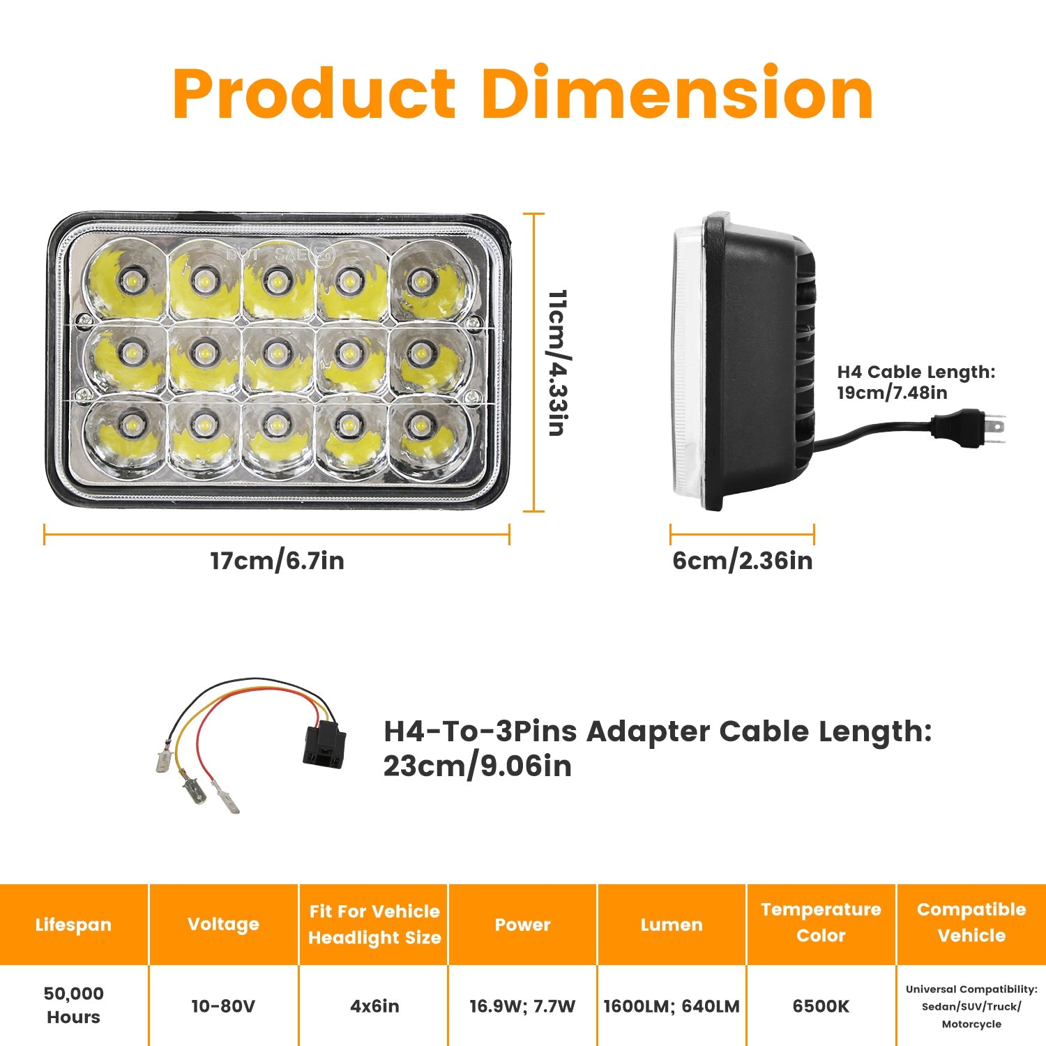 2Pcs 4x6in Car LED Headlights Vehicle Rectangular Headlamp With H4 Socket H4 - to - 3Pins Adapter With High Low Beam White Light IP68 Waterproof For 10 - 80V SUV Truck Sedan Car Motorcycle - 5 - cjdropshipping