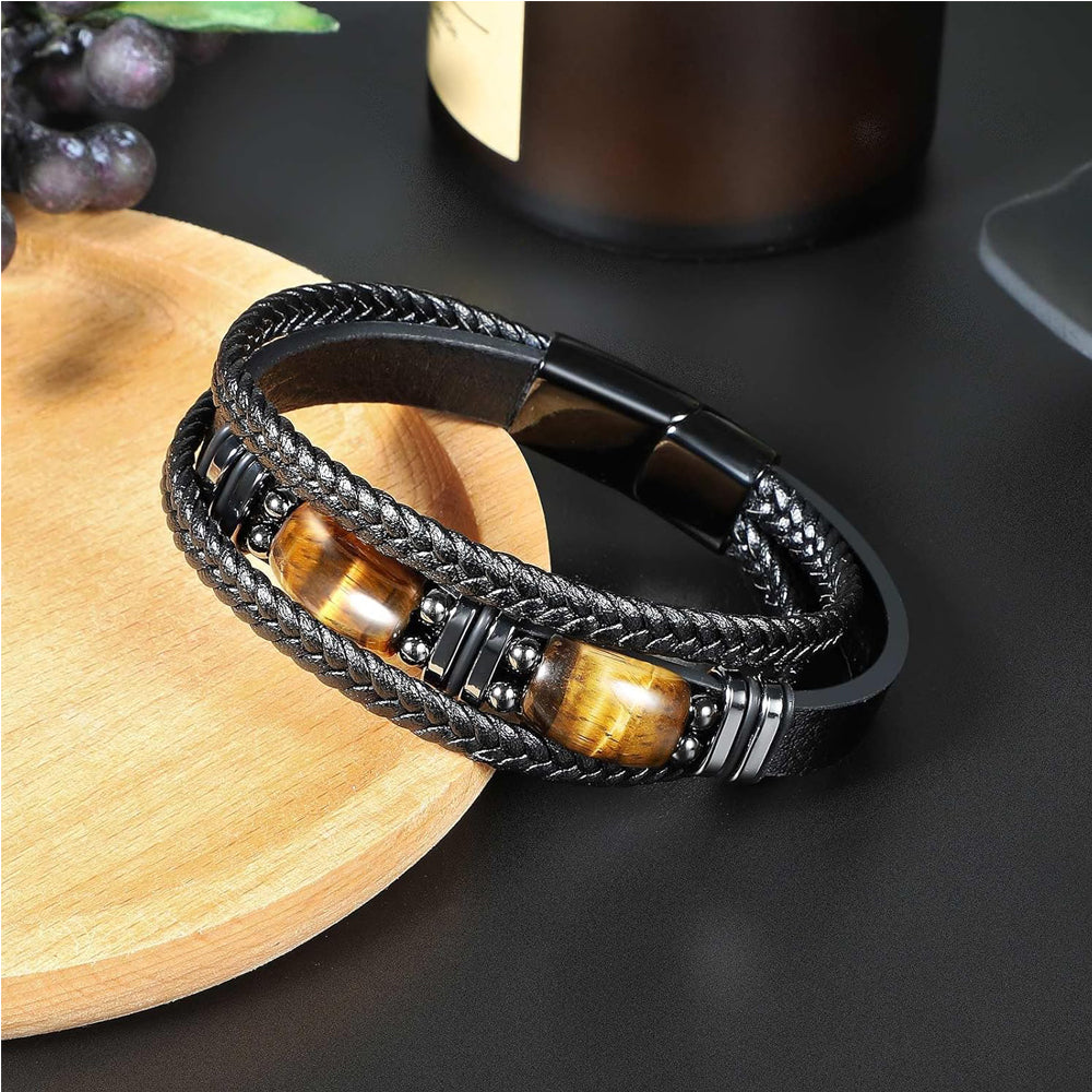 Natural Tiger Eye Stone Bracelet For Men Women - Handmade Leather Braided Healing Bracelet, Courage & Luck Meaning, Birthday Christmas Gift - 5 - cjdropshipping
