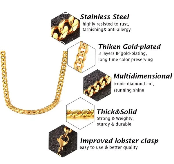 Stainless Steel Gold Silver Chain Cuban Curb Womens Mens Necklace - 5 - CJ