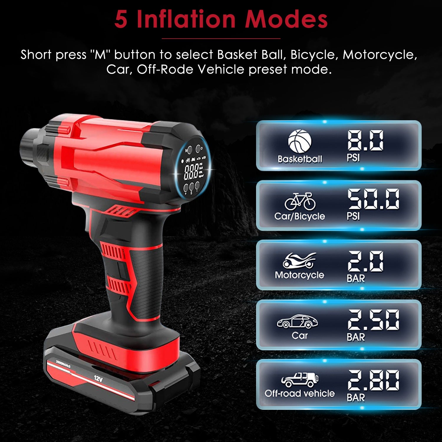 1Pc 150PSI Cordless Car Tire Inflator Rechargeable 2V Portable Electric Air Compressor With LED Light For Car Bike Motorcycle Ball - 5 - CJ