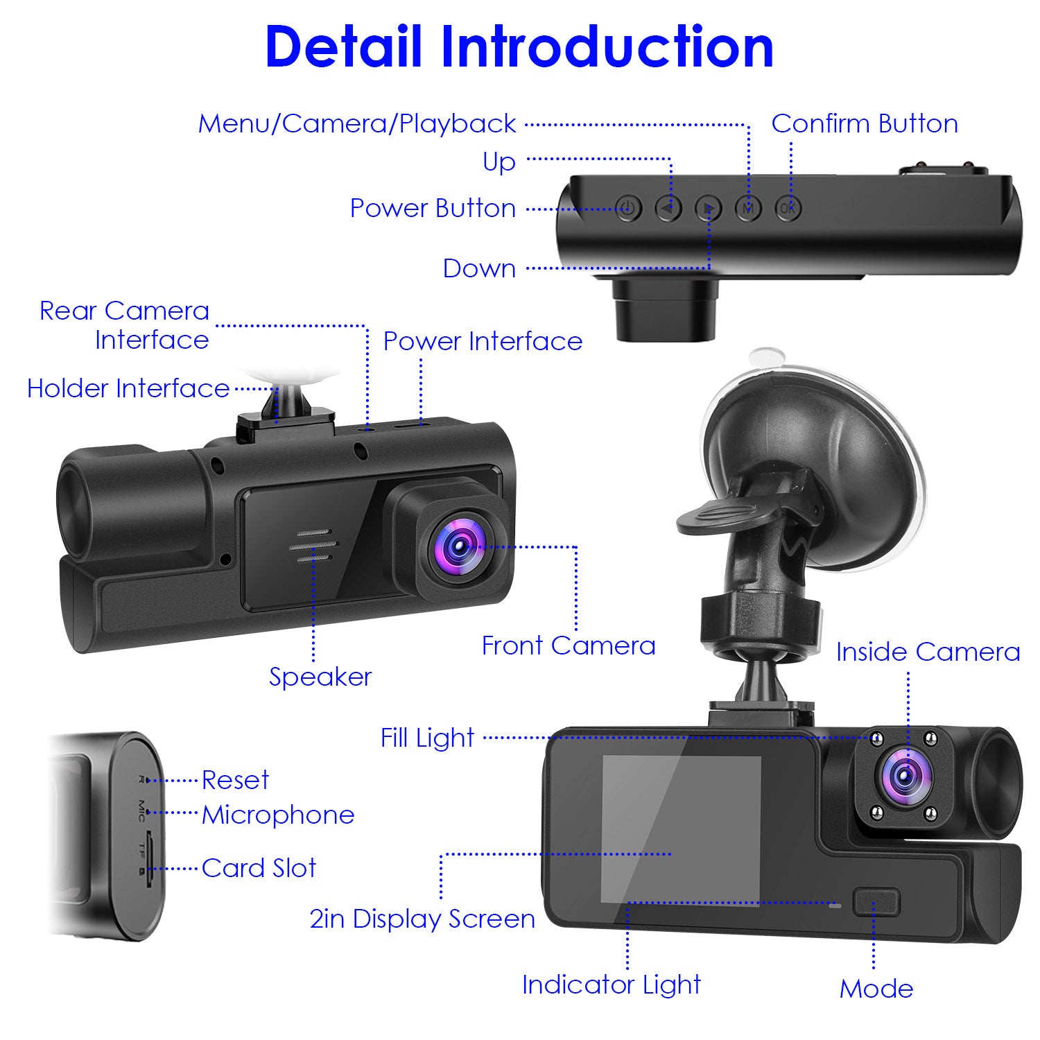 1Pc WiFi FHD 1080P Car Dash Cam 3 Channels Front Rear Inside Dash Camera With Loop Recording Reversing Visual 170 Degree Wide Angle 64G Card Included - 5.0 - cjdropshipping