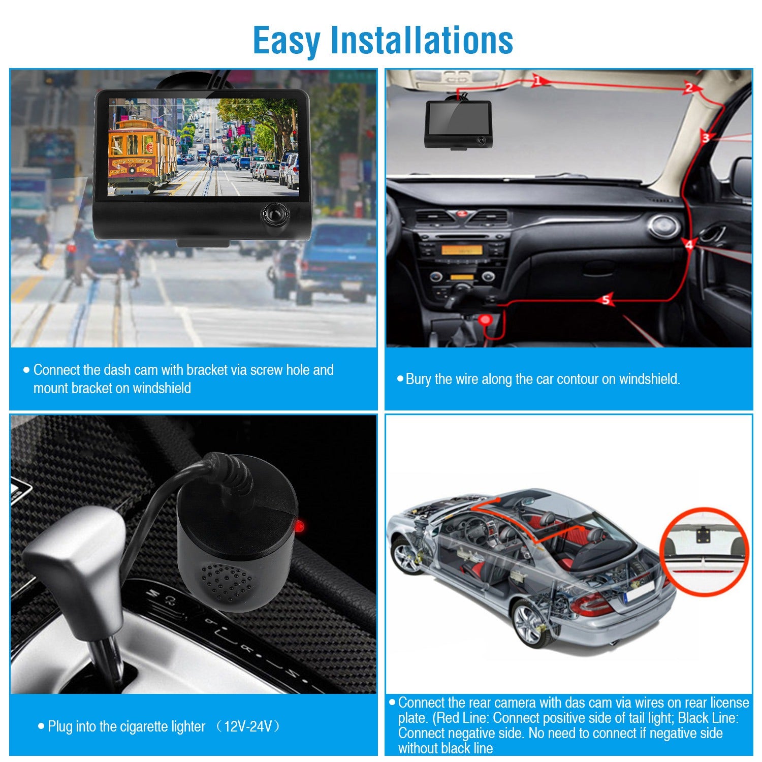 1296P Car DVR Dash Camera 4In 3 Lens Vehicle Driving Recorder Seamless Recording - 5 - cjdropshipping