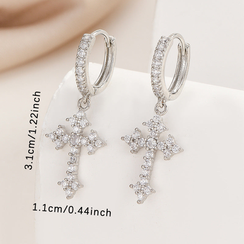 1 Pair Men's Sparkling Zircon Cross Dangle Huggie Hoops,Everyday Versatile Earrings - 5 - CJ