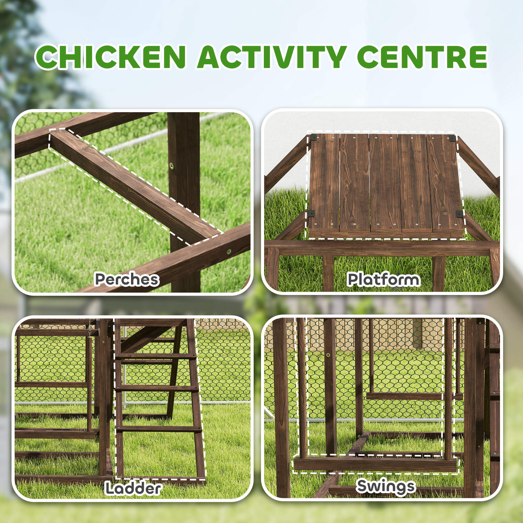 Chicken Activity Play Set With Multiple Chicken Perches, Swing, Ladder, Platform For 3 - 4 Chickens, Coffee - 5 - CJ