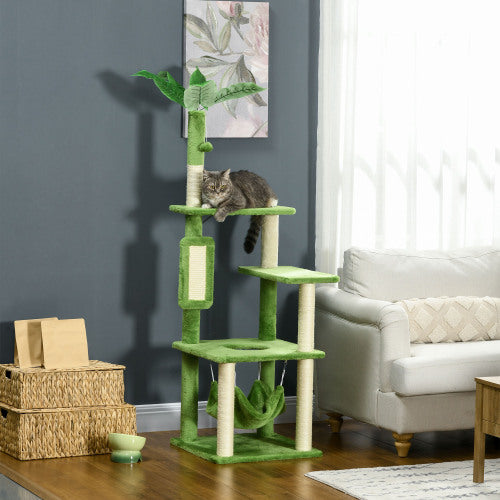 PawHut 56 Cat Tree For Indoor Cats With Hammock, Cat Tower With Scratching Post, Platforms, Play Ball And Anti - tipping Device, For Indoor Cats, Green - 5 - CJ