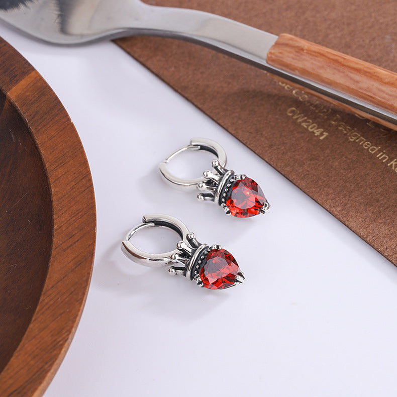 S925 Silver Crown Peach Heart Vintage Earrings Silver Ear Pendant - 4 - CJ