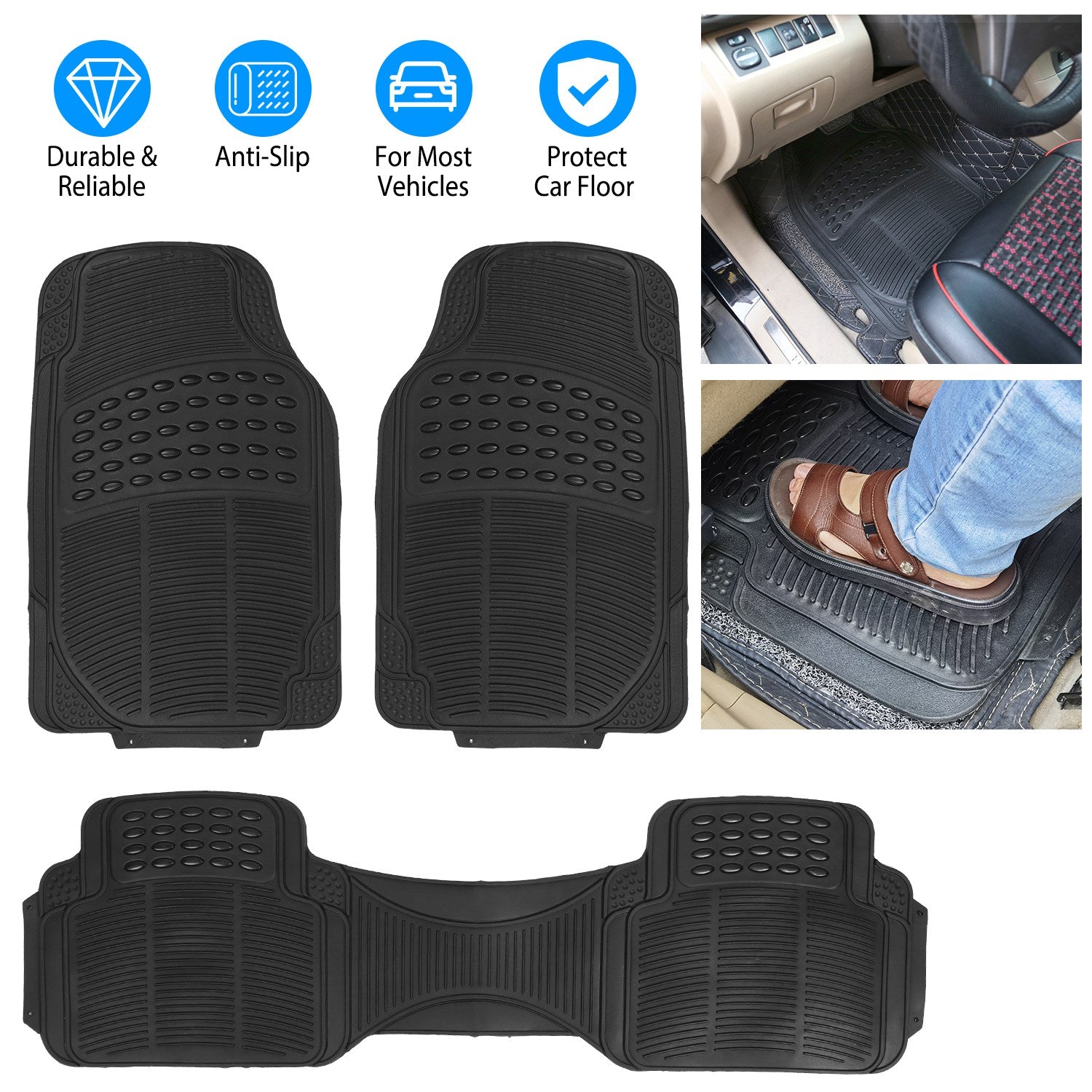 Set Of 3Pcs Automotive Floor Mats Set Front Rear PVC Rubber Floor Mats Heavy Duty Drive Vehicle Car Mats With Trimmable Design Fit Most Cars SUVs Trucks - 5 - cjdropshipping
