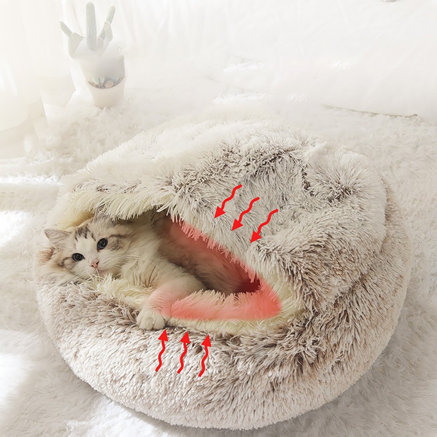 Luxurious Plush Round Cat Bed Cat Bed Round Soft Plush Burrowing Cave Hooded Cat Bed Donut For Dogs Cats - Semi - Enclosed For Cozy Warmth, Easy - Clean Durable Design, Ideal For Winter Comfort - 5 - CJ