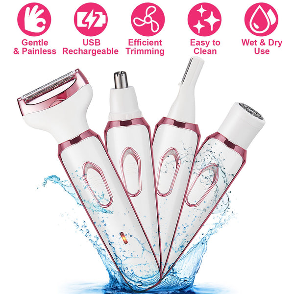 1Pc 4 In 1 Electric Razor For Women Painless Grooming Kit Rechargeable Eyebrow Nose Hair Pubic Hair Bikini Trimmer Face Shaver - 5 - cjdropshipping