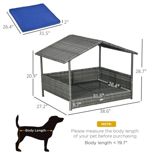 PawHut Wicker Dog House Outdoor With Canopy, Rattan Dog Bed With Water - resistant Cushion, For Small And Medium Dogs, Dark Blue - 5 - CJ