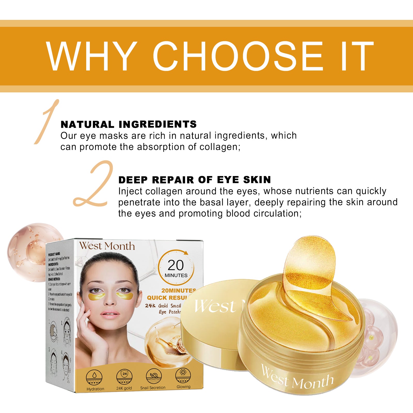 West&Month Gold Snail Eye Patch Hydrating Eye Patch Skin Care Around The Eyes - 5 - CJ