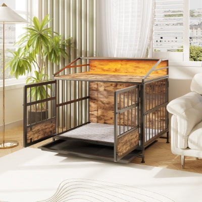 Multi - function Furniture Style Dog Crates With Storage, Dog Crate Furniture Large Wooden Dog Kennel With Double Doors, For Large Medium Dog Indoor, Brown - 5 - CJ