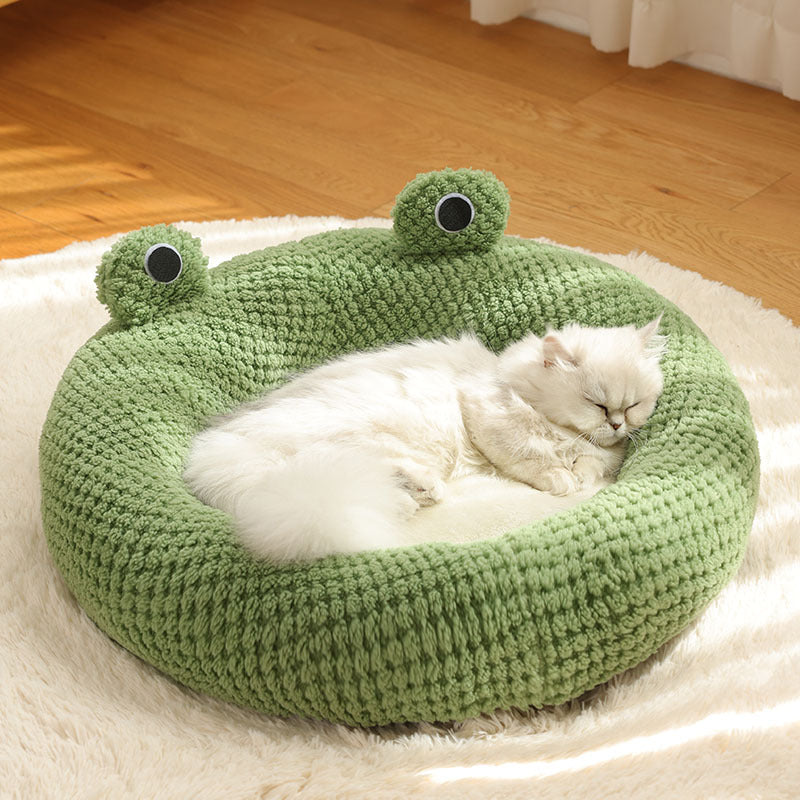 Pet Cat Dog Nest Little Frog Series Warm Plush Mat Autumn Winter Pet House Full Package Nest For Small Cats Dogs Within 5KG - 0 - CJ - Green Frog Round Nest - XL - CJGY183872510JQ