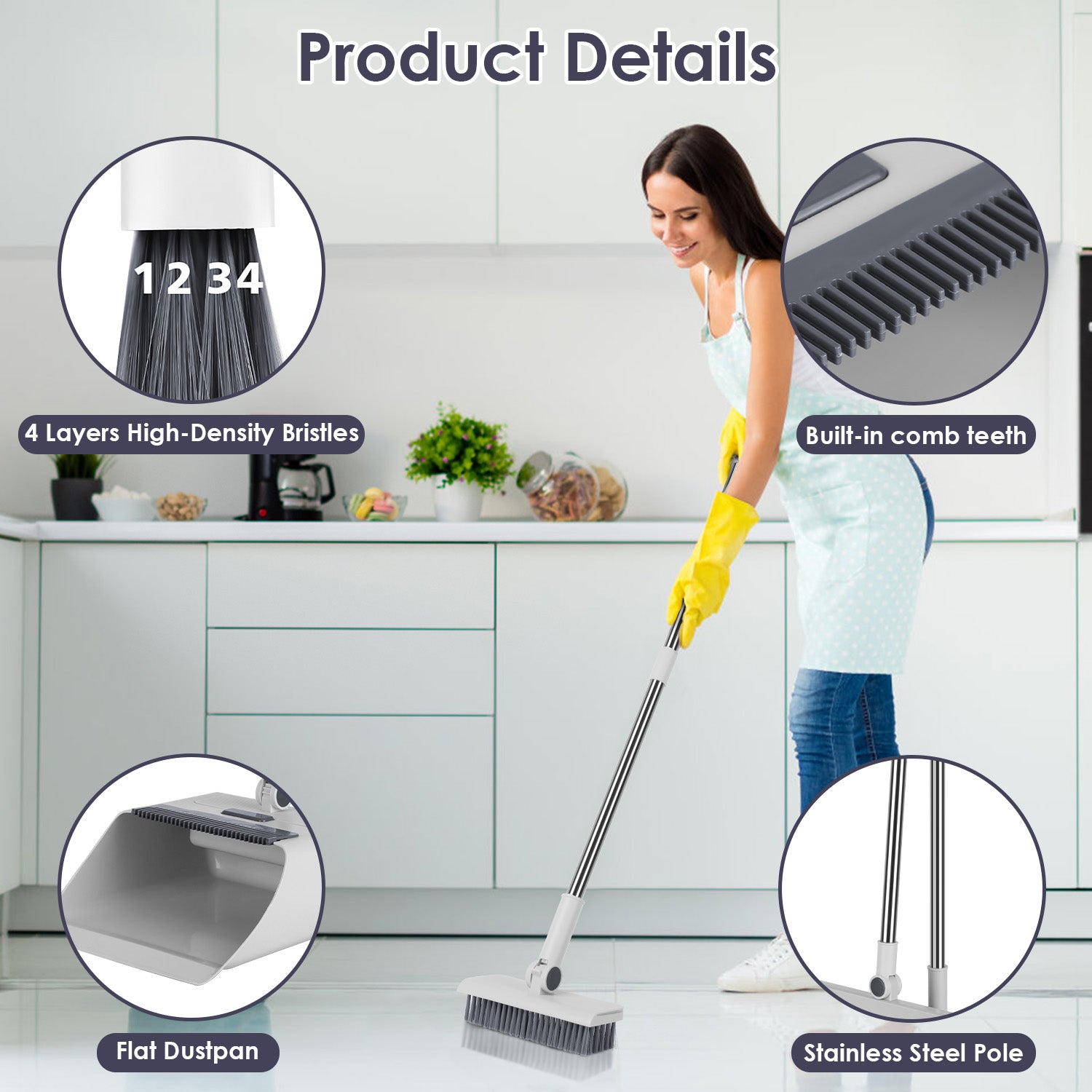 1Set Broom And Dustpan Combo Set With Squeegee Stainless Steel Handle 4 In 1 Upright Standing Broom And Dust Pan For Indoor Outdoor Garage Kitchen Room Office Sweeping - 5 - CJ